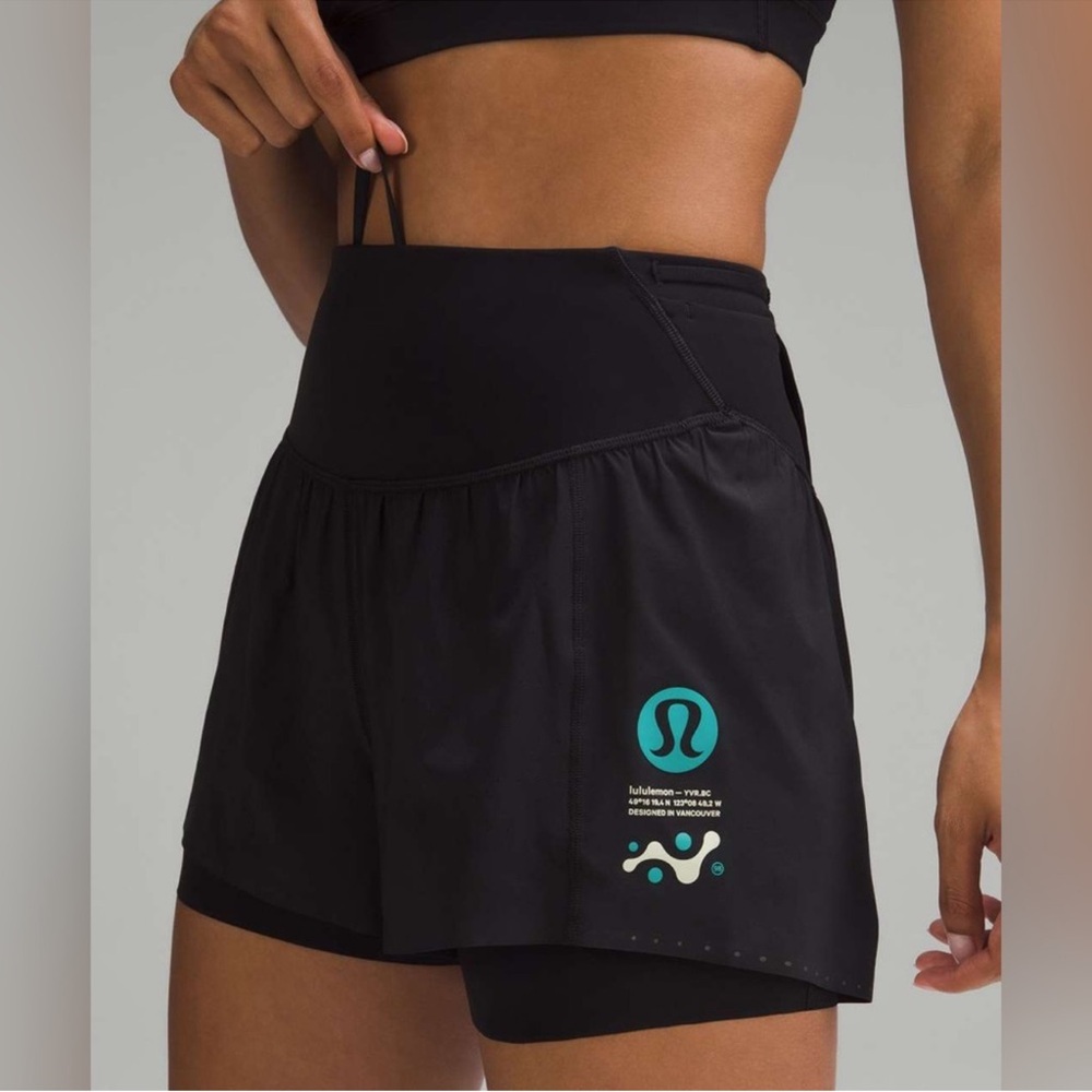 lululemon athletica Black Athletic Shorts with Teal Logo